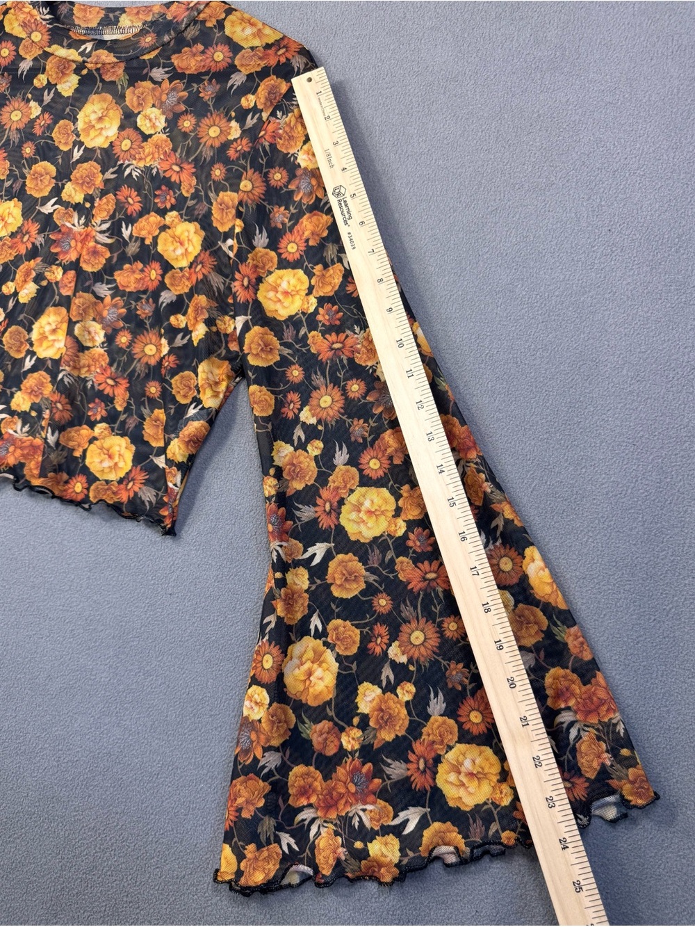 Boho Sheer Floral SheerLong Sleeve Crop Top Black with Orange Yellow Flowers, XL - Picture 10 of 14